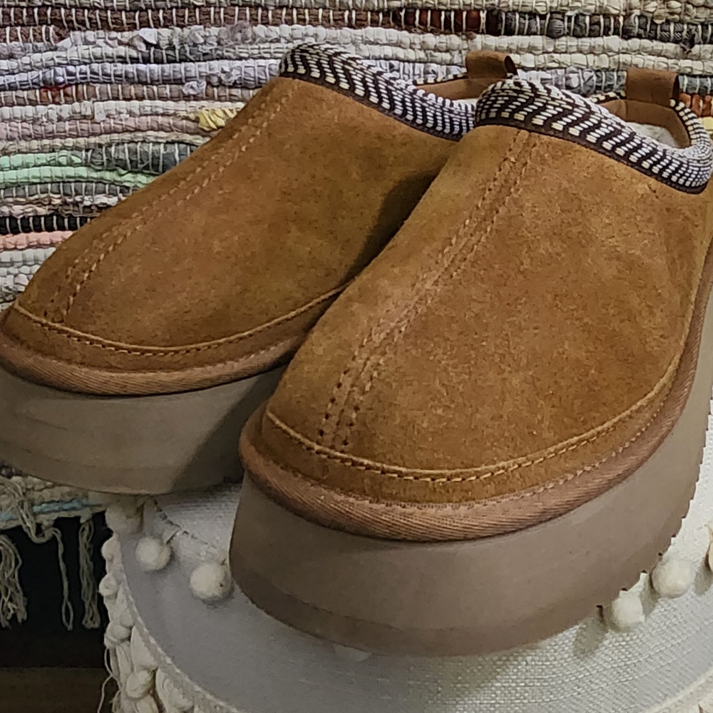 Koolaburra By UGG Tan Suede Slip-Ons with Patterned Trim